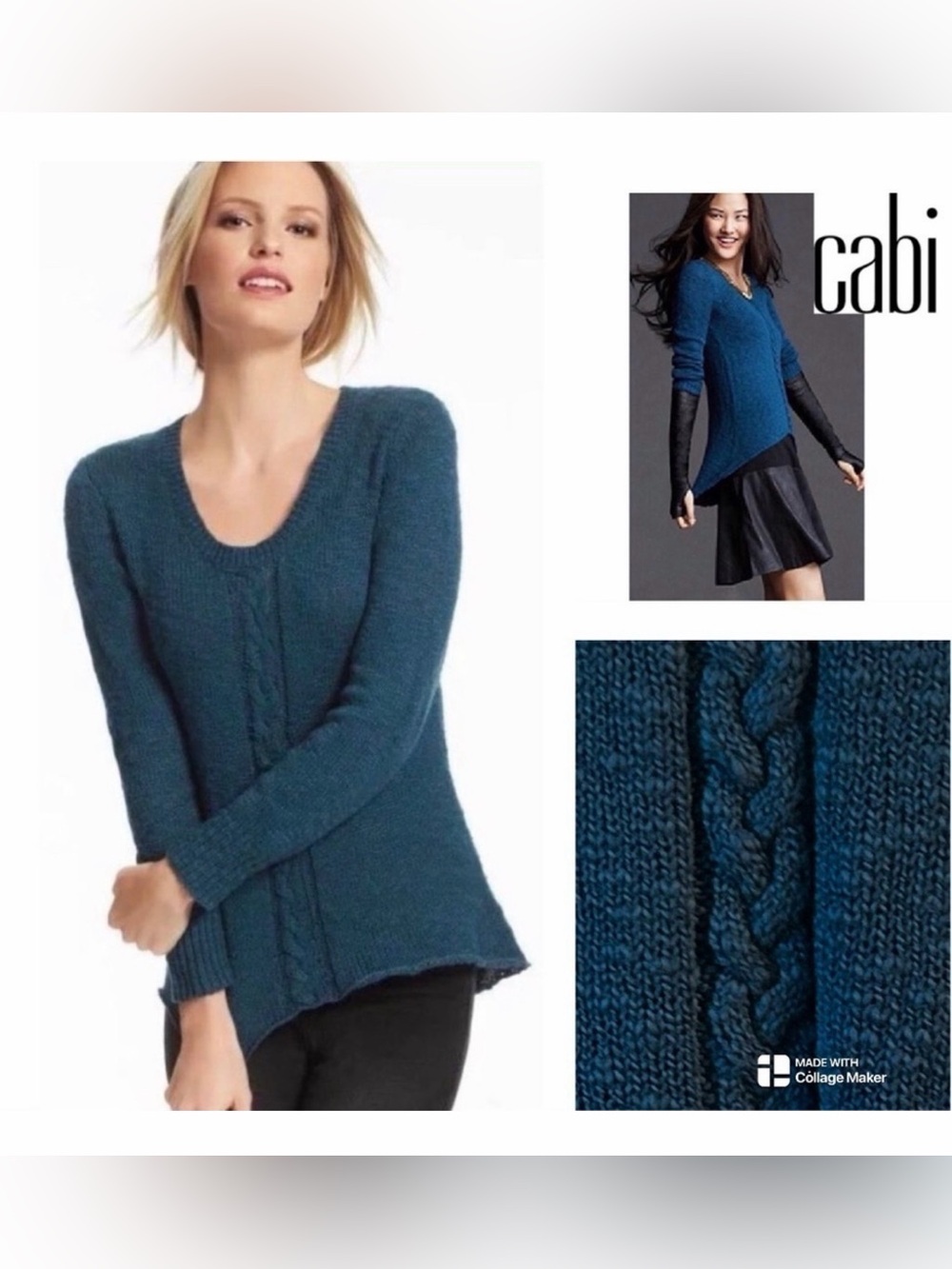 CAbi #470 Teal Cable-Center Scoop Neck Sweater